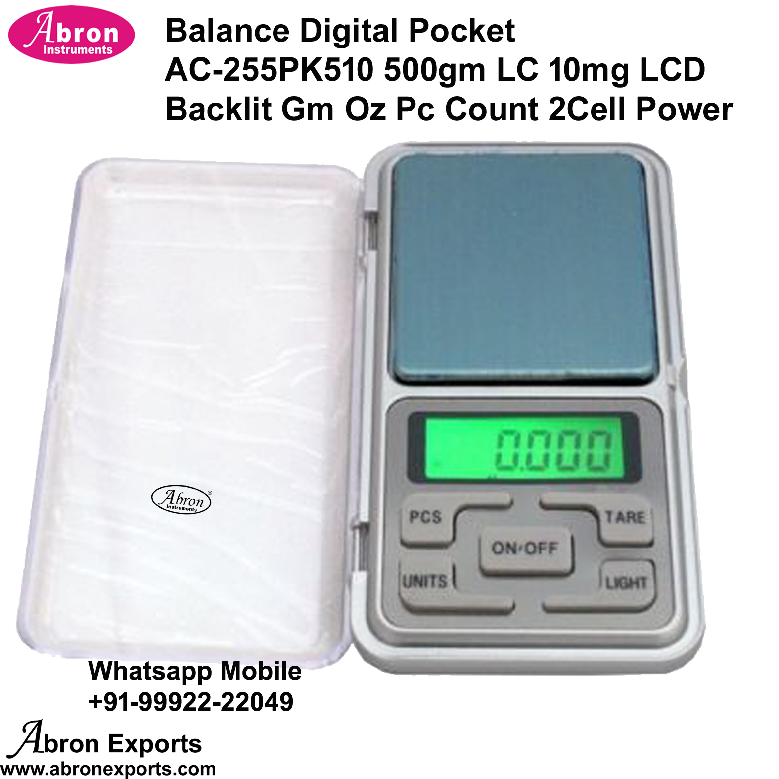Balance Digital Pocket 500gm LC 10mg 0.01gm LCD Backlit Gm Oz Pcc Count 2xAAA Cell Auto Off Abron AC-255AP510 